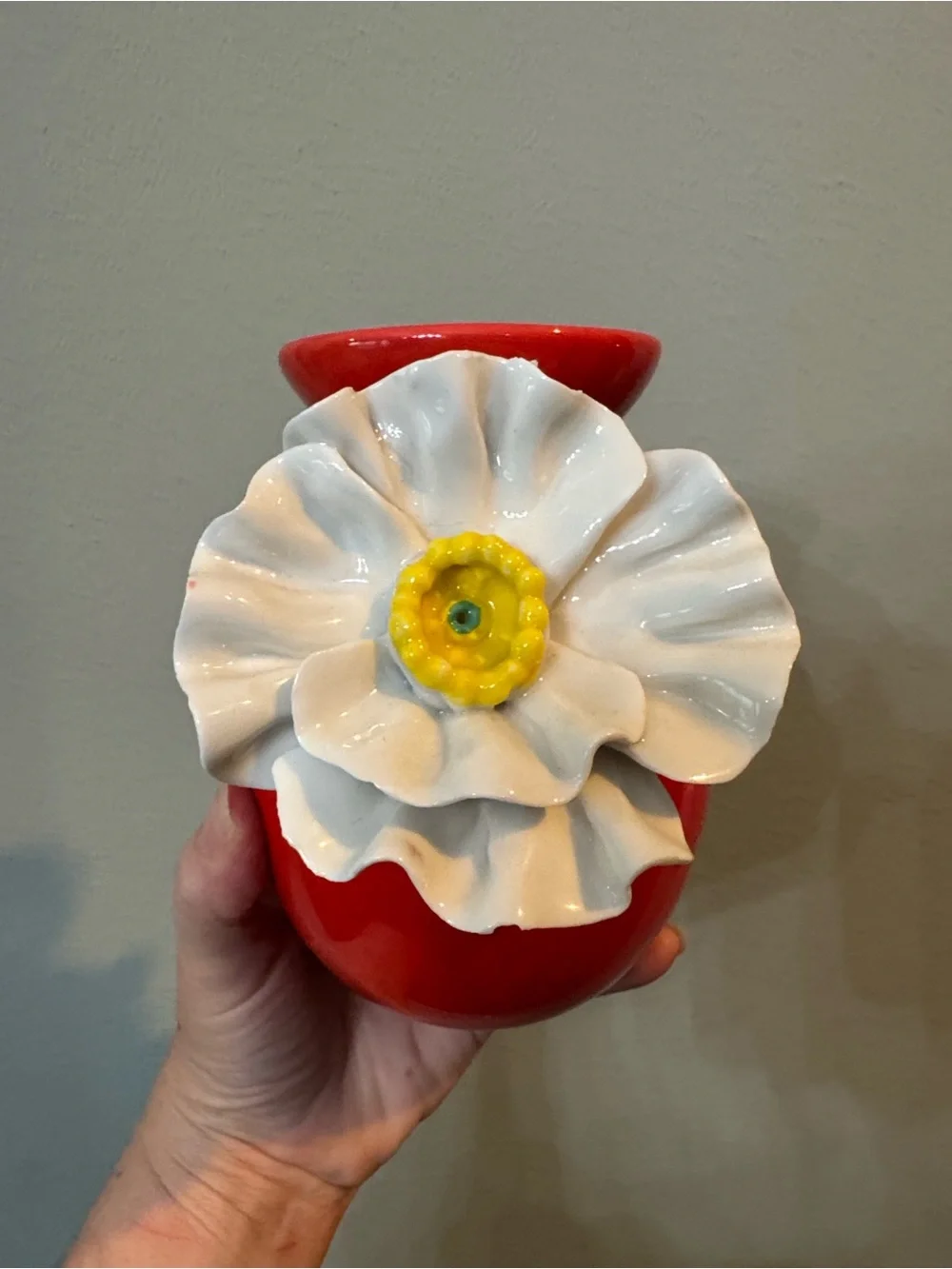 Anthropologie 3D White Poppy Red Ceramic Vase